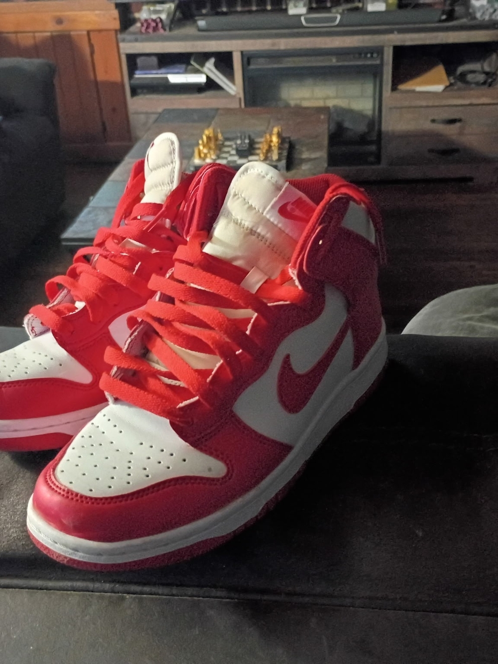 Nike Kids Red and White High-Top Sneakers with Swoosh